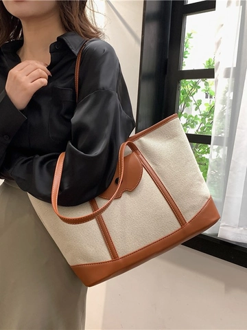 Vintage Kontrastfarbe Große Kapazität Segeltuch Tragetasche Für Damen Mode Leder Patchwork Umhängetasche Lässige Arbeit Handtasche
