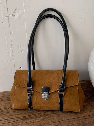 Vintage Suede Shoulder Bag For Women Large Capacity Baguette Bag Retro Hong Kong Style Fashion Commuting Handbag With Double Straps