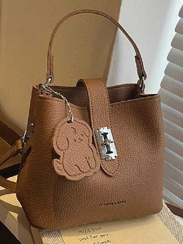 Women Litchi Pattern PU Leather Bucket Bag Vintage Shoulder Bag With Dog Charm Metal Lock Crossbody Handbag For Daily Casual Commuting