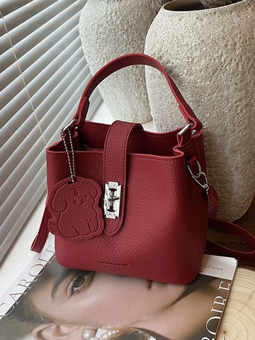 Women Litchi Pattern PU Leather Bucket Bag Vintage Shoulder Bag With Dog Charm Metal Lock Crossbody Handbag For Daily Casual Commuting