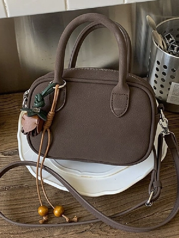 Petit Sac à Épaule Bowling Rétro pour Femmes Sac à Main en Cuir PU Vintage Avec Pendentif Floral Mode Sac Bandoulière Versatile Messager Quotidien