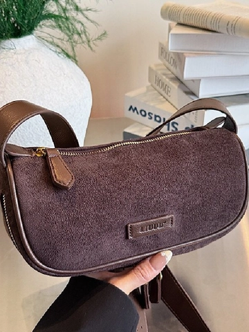 Borsa a Spalla Mezzaluna in Scamosciato Vintage Donna Retro Cuciture Borsa a Tracolla Minimalista Design di Nicchia Borsa a Mezzaluna Cerniera in Metallo