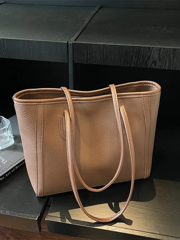 Women Large Capacity PU Leather Litchi Pattern Tote Bag Contrast Color Commuter Shoulder Handbag Fashion Office Work Bag
