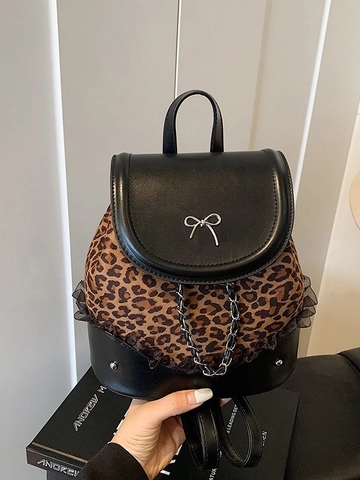 Mode Dames Luipaardprint PU Leer Mini Rugzak Metalen Strik Kant Ketting Kleine Reisrugzak Schooltas Voor Meisjes