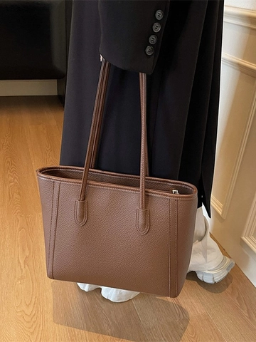 Women Large Capacity PU Leather Litchi Pattern Tote Bag Contrast Color Commuter Shoulder Handbag Fashion Office Work Bag