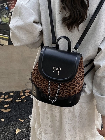 Mode Dames Luipaardprint PU Leer Mini Rugzak Metalen Strik Kant Ketting Kleine Reisrugzak Schooltas Voor Meisjes