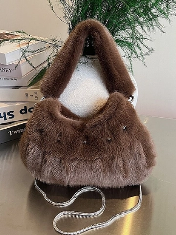 Dames Winter Pluche Okseltas Imitatiebont Hobo Tas Met Kettingriem Ster Versierde Pluizige Schoudertas Crossbody Handtas