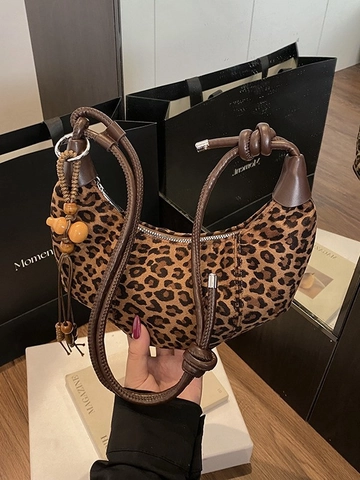 Sac à Épaule Femme Rétro Léopard Croissant en Simili Cuir Suède avec Pendentif Perlé Sac Bandoulière Vintage pour le Quotidien