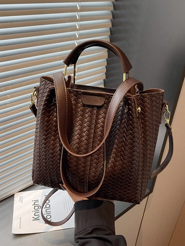 Damen Luxus Webmuster Eimertasche Klein PU Leder Handtasche Pendeln Umhängetasche Mit Goldener Hardware Verstellbarem Riemen