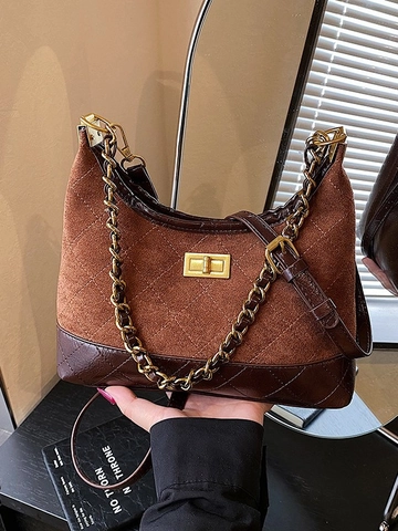 Vintage Gewatteerde PU Leder Ketting Dumpling Tas Voor Vrouwen Mode Suede Patchwork Crossbody Schoudertas Hobo Handtas