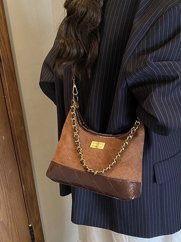 Vintage Gewatteerde PU Leder Ketting Dumpling Tas Voor Vrouwen Mode Suede Patchwork Crossbody Schoudertas Hobo Handtas