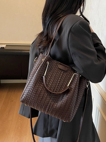 Damen Luxus Webmuster Eimertasche Klein PU Leder Handtasche Pendeln Umhängetasche Mit Goldener Hardware Verstellbarem Riemen