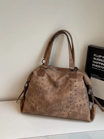 Retro Rivet Large Capacity Tote Bag For Women Frosted PU Leather Shoulder Bag Casual Commuting Underarm Bag With Double Straps