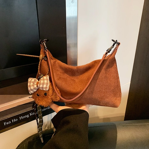 Retro Women Suede Shoulder Bag Large Capacity Underarm Bag Minimalist PU Leather Hobo Bag Plush Puppy Pendant Commuting