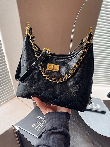 Bolso de Axila Retro de Cuero PU Acolchado para Mujer Elegante Cadena de Oro Bolso de Hombro Patrón Lingge Moda Hobo Handbag