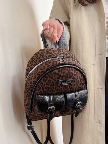 Zaino Mini alla Moda con Stampa Leopardata per Donna Zainetto Trendy in Pelle PU Patchwork Piccola Borsa da Viaggio Vintage per Studenti