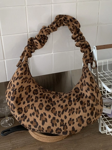 Borsa a Spalla Hobo da Donna con Stampa Leopardata Grande Capacità Tote Vintage Rilassata con Manico a Scrunchie Plissettato