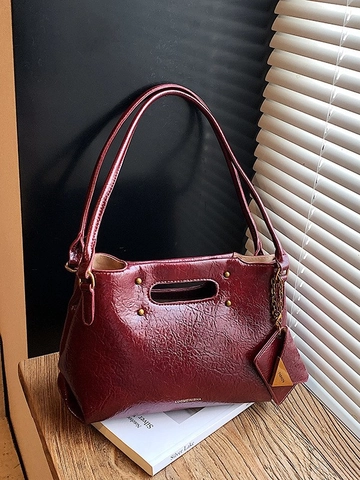 Vintage Öl-Wachs-PU-Leder Schultertasche Für Damen Falten-Textur Achseltasche Tote Mit Mini-Münzfach Nieten-Dekor Alltags-Pendeltasche