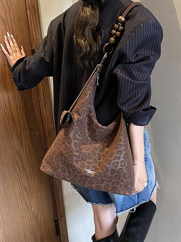Damen Große Kapazität Unterarmtasche Retro Leopardenmuster Tote Tasche Mit Holzperlenriemen Mode Hobo Tasche PU Schultertasche