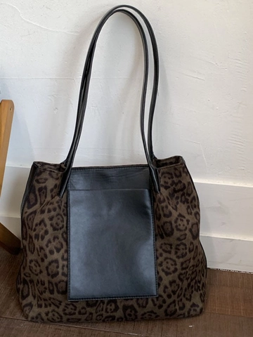 Sac Fourre-Tout Vintage en Tissu de Suède Imprimé Léopard Grande Capacité Femmes Sac à Épaule Avec Poche Noire Sac à Main