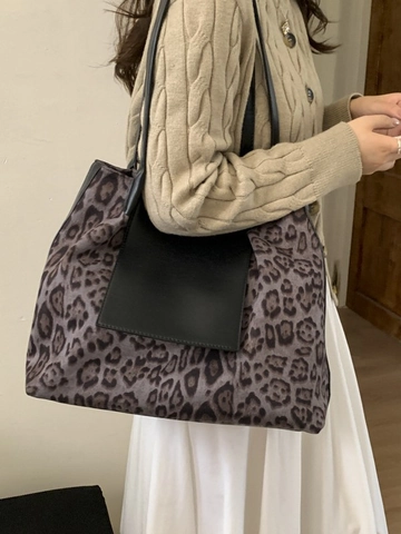 Sac Fourre-Tout Vintage en Tissu de Suède Imprimé Léopard Grande Capacité Femmes Sac à Épaule Avec Poche Noire Sac à Main