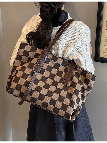 Damen Große Kapazität Tragetasche Vintage Hahnentritt Leopardenmuster Schachbrettmuster PU Schultertasche Casual Reise Pendlertasche