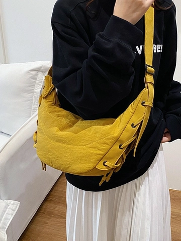 Bolso Hobo de Tela de Gran Capacidad para Mujer Simple Color Sólido Bolso de Hombro de Media Luna Con Detalle de Cordón