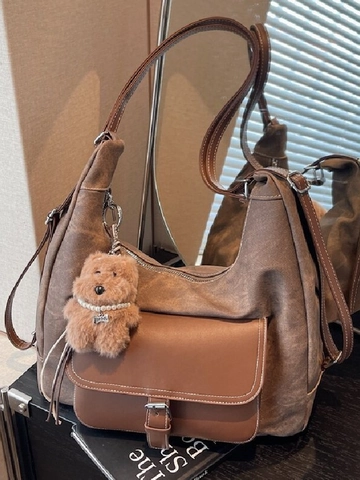 Vintage PU Leather Large Capacity Tote Bag Women Casual Splicing Shoulder Bag With Plush Bear Pendant Daily Travel Bag