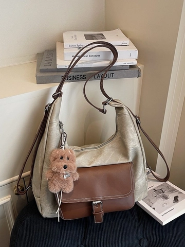 Vintage PU Leather Large Capacity Tote Bag Women Casual Splicing Shoulder Bag With Plush Bear Pendant Daily Travel Bag