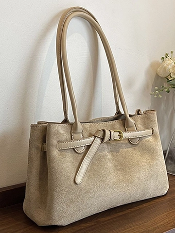Damen Große Kapazität Suede-Look PU Leder Schultertasche Vintage Retro Tote Bag Mit Dekorativer Schnalle Unterarmtasche Pendeltasche