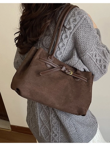 Damen Große Kapazität Suede-Look PU Leder Schultertasche Vintage Retro Tote Bag Mit Dekorativer Schnalle Unterarmtasche Pendeltasche