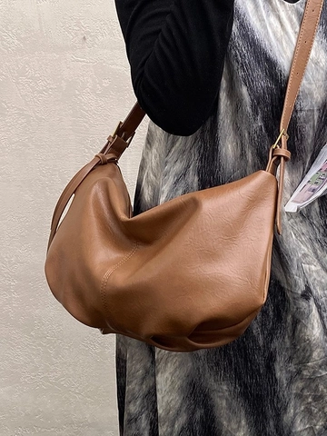 Retro Large Capacity PU Leather Hobo Crossbody Bag For Women Minimalist Crescent Dumpling Shoulder Bag Soft Commuter Handbag