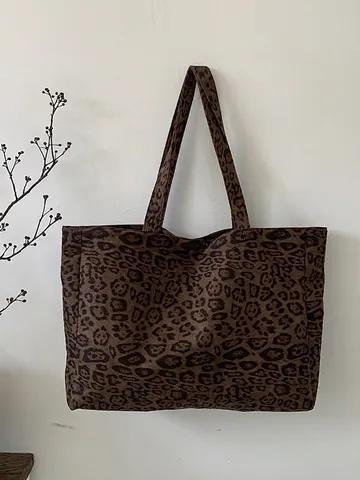 Borsa Tote in Camoscio Retrò con Stampa Leopardata Grande Capacità Casual Pendolarismo Borsa a Tracolla da Donna Moda Versatile