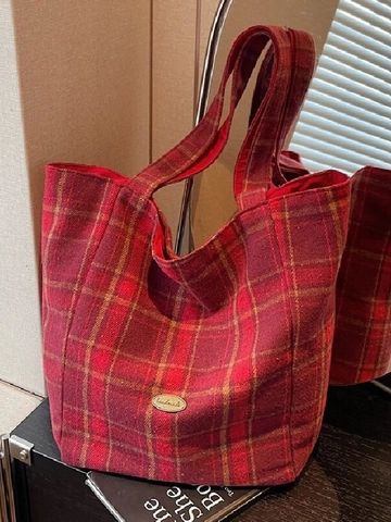 Borsa Tote in Tela a Quadri da Donna Grande Capacità Casual Stile Coreano Ins Borsa a Spalla a Quadretti Con Stampa Cane per Uso Quotidiano