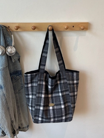 Borsa Tote in Tela a Quadri da Donna Grande Capacità Casual Stile Coreano Ins Borsa a Spalla a Quadretti Con Stampa Cane per Uso Quotidiano