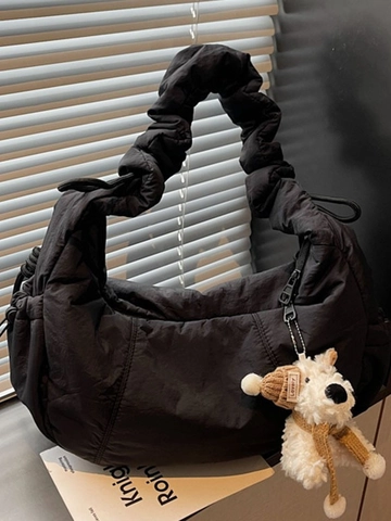 Damen Große Kapazität Gesteppte Stoff Puffer Tasche Plissierte Scrunchie Riemen Cloud Hobo Umhängetasche Lässige Crossbody Tasche Mit Plüsch Anhänger