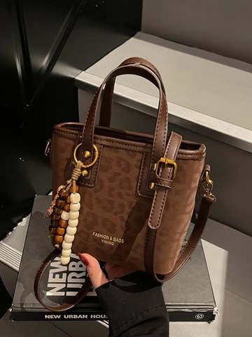 Borsa a Secchiello Retro Stampa Leopardata Donna Borsa a Mano in Pelle PU Con Nappa di Perline Borsa a Tracolla Trendy Tote