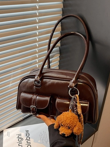 Bolso de Axila de Cuero PU Brillante Vintage para Mujer Bolso de Hombro Bowling Retro Color Sólido Bolso de Mano
