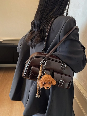 Bolso de Axila de Cuero PU Brillante Vintage para Mujer Bolso de Hombro Bowling Retro Color Sólido Bolso de Mano