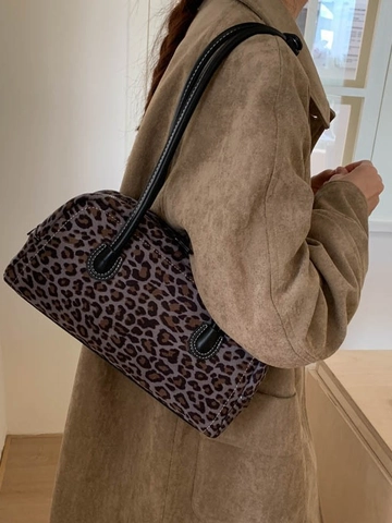 Bolso Baguette Vintage Estampado Leopardo Mujer Cuero PU Gran Capacidad Bolso de Hombro Mano Minimalista Urbano Bolso de Axila Diario