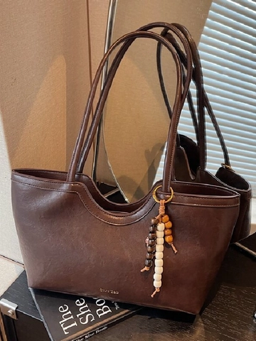 Vintage Large Capacity PU Leather Tote Bag For Women Minimalist Solid Color Shoulder Bag With Beaded Charm Fashion Handbag