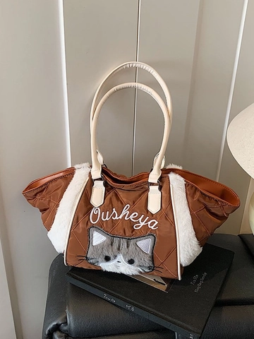 Women Large Capacity Quilted Tote Bag With Cute Cat Embroidery Plush Trim Winter Fashion Shoulder Handbag For Everyday