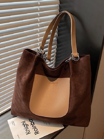 Große Kapazität Damen Wildleder Einkaufstasche Lässige Schultertasche Mit Patchwork Tasche Kette Minimalistische Pendeltasche
