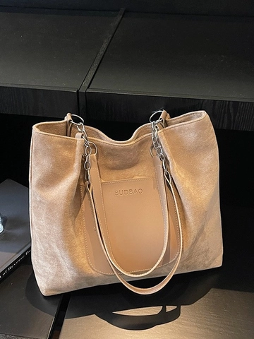 Große Kapazität Damen Wildleder Einkaufstasche Lässige Schultertasche Mit Patchwork Tasche Kette Minimalistische Pendeltasche