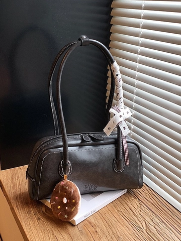 Damen Retro PU Leder Schultertasche Vintage Boston Baguette Handtasche Mit Donut Anhänger Und Spitze Bogen Kontrastnähte Täglich Unterarmtasche