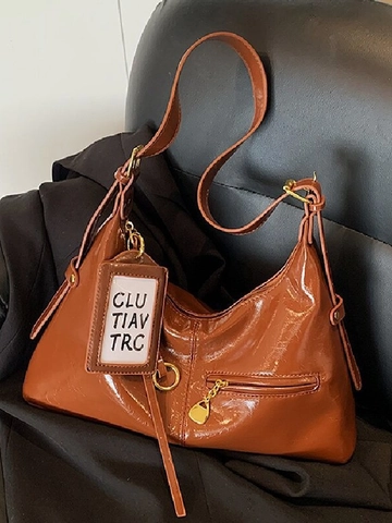 Women Large Capacity Glossy PU Leather Hobo Bag Retro Underarm Shoulder Bag For Commute Fashion Solid Color Handbag