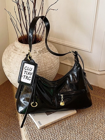 Women Large Capacity Glossy PU Leather Hobo Bag Retro Underarm Shoulder Bag For Commute Fashion Solid Color Handbag