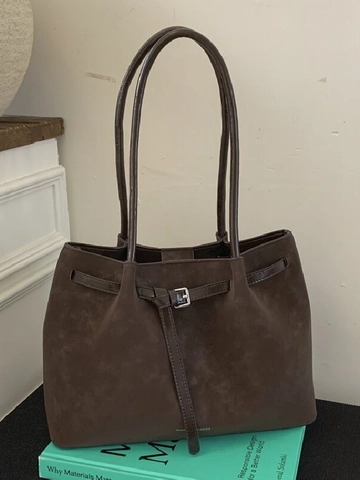 Retro Large Capacity PU Leather Tote Bag For Women Simple Casual Shoulder Bag Daily Commute Solid Color Handbag With Belt Buckle