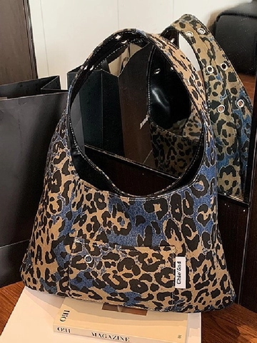 Women Vintage Leopard Print Canvas Tote Bag Large Capacity Shoulder Bag Casual Hobo Bag With Metal Eyelet Strap Shopping Bag