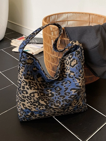 Women Vintage Leopard Print Canvas Tote Bag Large Capacity Shoulder Bag Casual Hobo Bag With Metal Eyelet Strap Shopping Bag